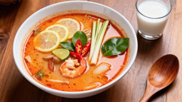 Aromatic Thai tom yum goong soup in a clay pot, featuring large succulent shrimp, lemongrass, kaffir lime leaves, galangal, and chili, with mushrooms and coriander, floating in a tangy-spicy clear bro