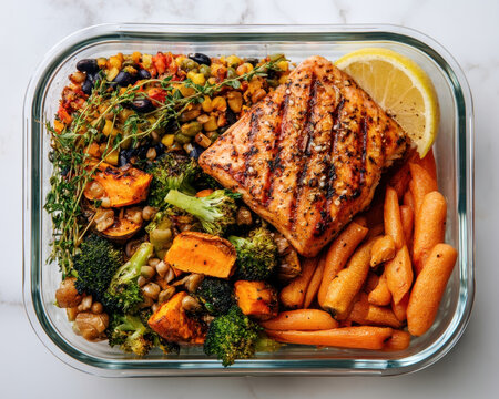 Healthy meal prep glass container with grilled salmon steak, roasted sweet potatoes, broccoli, baby carrots and mixed corn salad with lemon slice, clean eating balanced nutrition food layout
