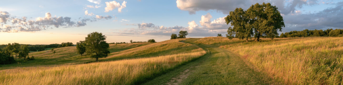 Wide panoramic landscape view of rolling green hills and grassy dirt trail under sunny sky with clouds, beautiful rural countryside nature scene with green oak trees in warm afternoon light