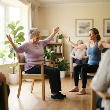 Senior woman and fitness instructor performing seated arm exercises in a bright community center