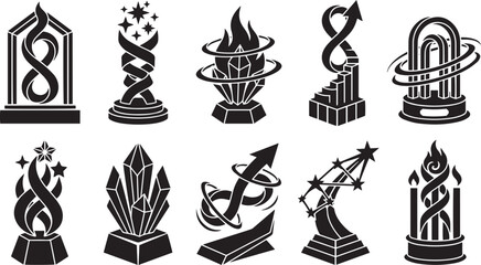Naklejka premium Trophy and award vector set silhouette with flame, crystal, and abstract success design elements