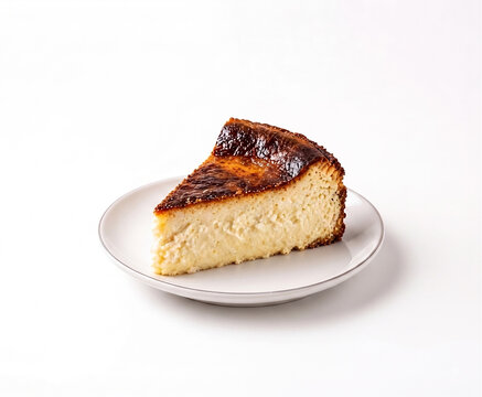 A slice of burnt basque cheesecake on a white plate isolated on white background