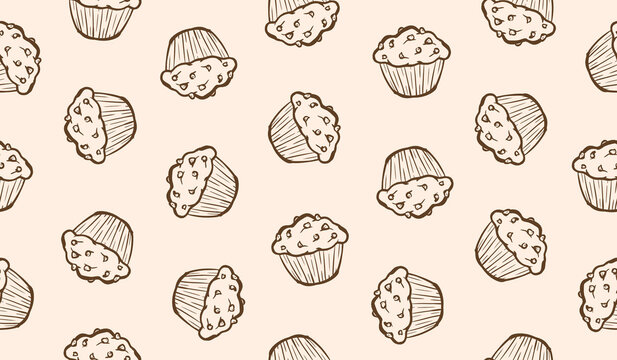 Cake doodle pattern. Cupcake doodle background. Sweat dessert doodle seamless pattern. Cake pastry hand drawn pattern. Chocolate muffin cake background.