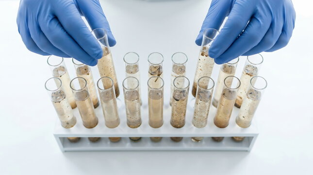 Soil testing with various samples in test tubes, handled by gloved hands on white lab surface, for scientific analysis.