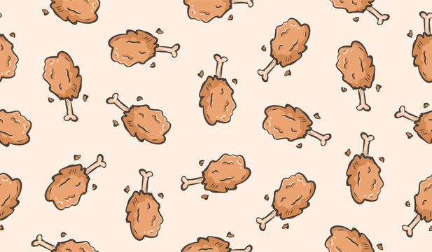 Fried chicken doodle background. Chicken swing pattern background. Chicken drumstick seamless pattern. Fast food hand drawn background. Chicken crispy doodle pattern.
