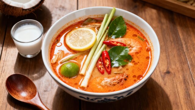 Aromatic Thai tom yum goong soup in a clay pot, featuring large succulent shrimp, lemongrass, kaffir lime leaves, galangal, and chili, with mushrooms and coriander, floating in a tangy-spicy clear bro