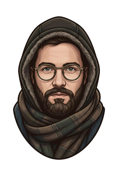 Bearded Man in Winter Hood and Scarf Illustration