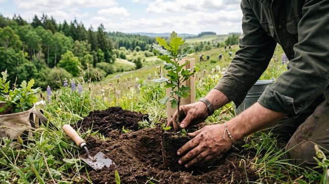 Dedicated volunteer carefully plants a small young oak sapling into rich dark earth during a bright sunny afternoon to help reforest the rolling green meadows of the local countryside landscape