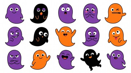 Fototapeta premium Set of cute cartoon ghost characters with various funny facial expressions for halloween holiday celebration