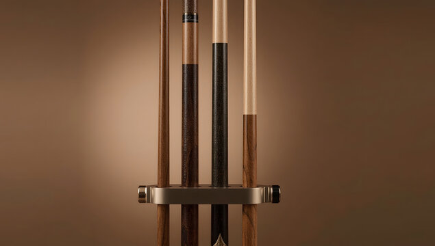Professional billiard cues in luxury rack