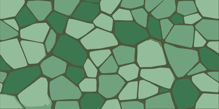 Seamless green stone paving vector texture background, irregular polygon cobble pattern for game texture or architectural design.