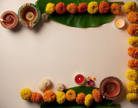 Diwali Festival Decoration With Marigold Garlands, Diyas, Candlelight and Sweets on Banana Leaves