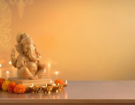 Lord Ganesha Statue With Diyas and Marigolds for Diwali Puja and Hindu Festival Celebration