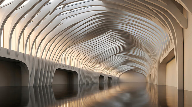 Spacious futuristic indoor corridor featuring dramatic curved white arches and reflective dark flooring indoor architecture modern building curved ceiling spacious interior architectural