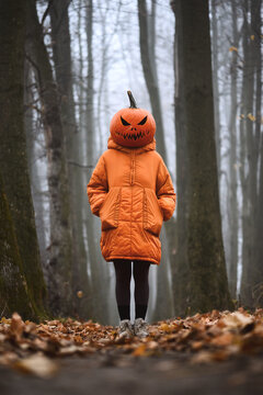 Person wearing an orange coat and carved pumpkin head standing in a misty autumn forest. Surreal Halloween character surrounded by bare trees and fallen leaves creating a spooky atmosphere
