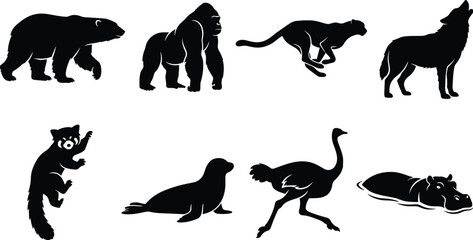 Obraz premium Wild Animals Vector Silhouettes Set Featuring Polar Bear Gorilla Cheetah Howling Wolf Red Panda Seal Ostrich Hippopotamus