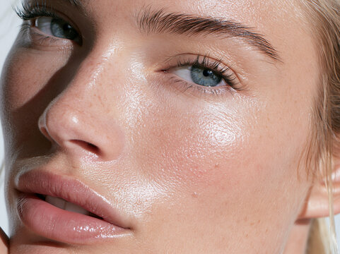 Close up clean face glowing skin blue eye natural makeup smooth complexion healthy beauty female fresh Radiant close up of clean face with glowing skin blue eye natural makeup smooth complexion