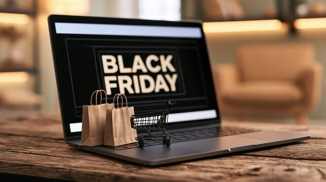 Laptop displaying a black friday sale with a miniature shopping cart and paper bags