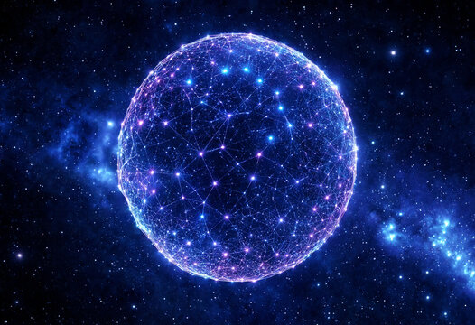 Futuristic glowing digital network sphere with interconnected nodes resembling a cosmic web in space