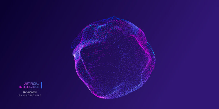 AI particle sphere and circle ball background with glowing dots on purple. Technology vector banner for presentation template.