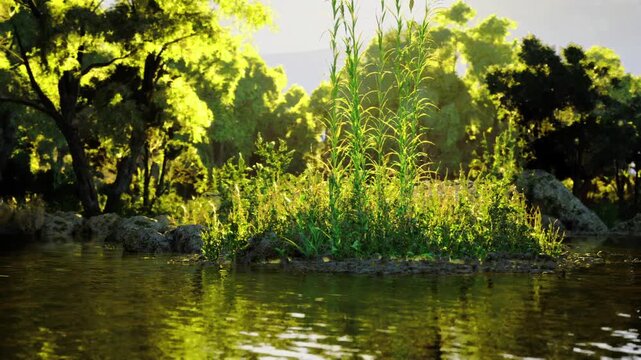 Luminous wetland reeds glowing with backlight, warm shimmer on water surface, rocky fringe and high contrast cinematic look for editorial use
