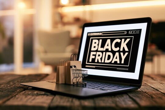 Laptop displaying a black friday sale with a miniature shopping cart and paper bags