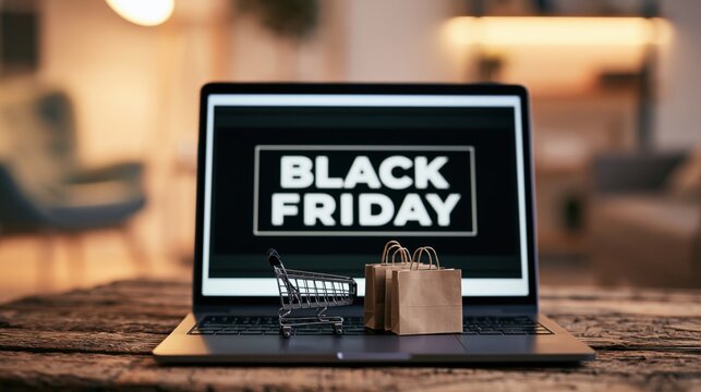 Laptop displaying a black friday sale with a miniature shopping cart and paper bags