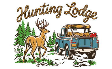 Naklejka premium Vintage Hunting Lodge Illustration featuring a Buck and Off-road Vehicle for Camping Adventure