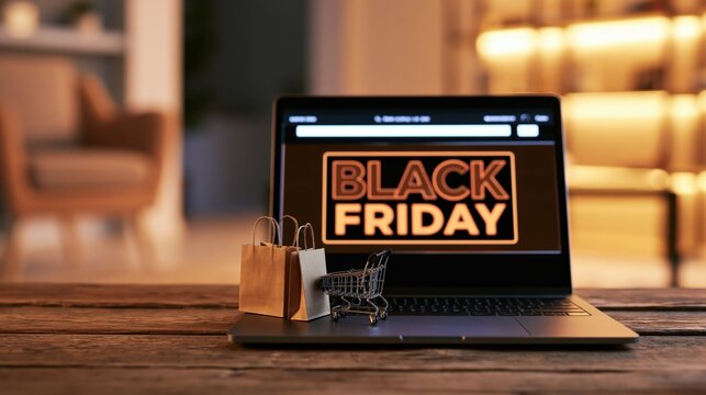 Laptop displaying a black friday sale with a miniature shopping cart and paper bags