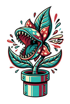 Carnivorous Plant Illustration with Sharp Teeth and Vibrant Colors in Pot