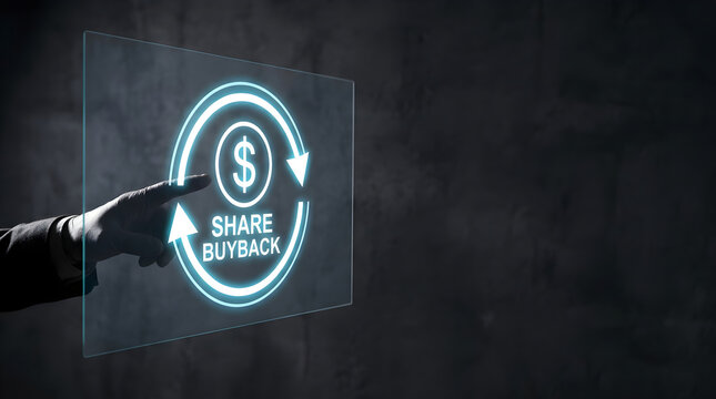 A business person touching a digital share buyback icon on screen