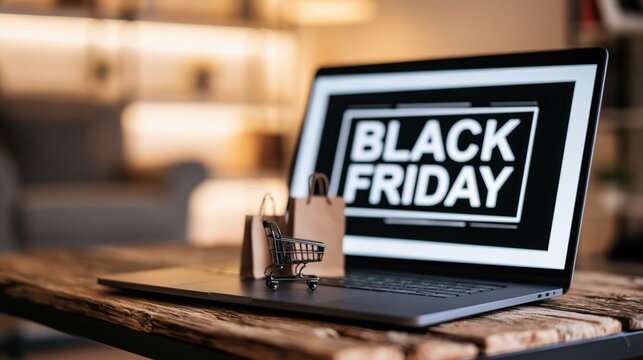 Laptop displaying a black friday sale with a miniature shopping cart and paper bags