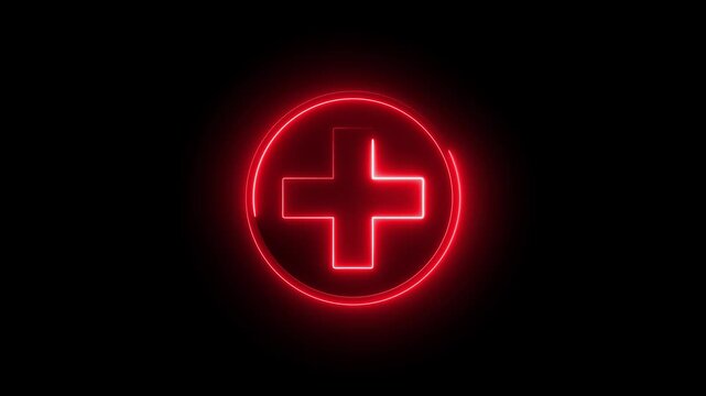 Neon plus sign icon animation glowing red color neon sign positive mathematic accountancy calculating icon sign symbol on black background	