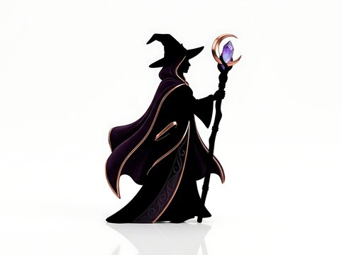 Wizard silhouette holding magic staff 3D render for fantasy game