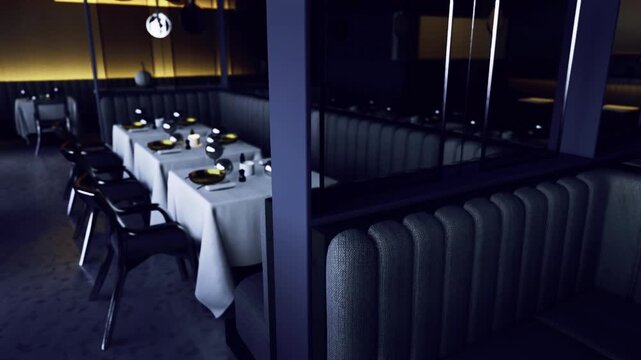 Moody finedining table set for tasting, white linen, polished glassware, silver flatware, reserved seating for private chef tasting, warm amber lighting,