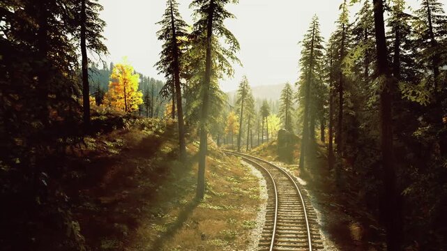 Curving rail threading through dense alaskan forest, shafts of light breaking through canopy, textured underbrush and rugged sleepers, timeless transport route
