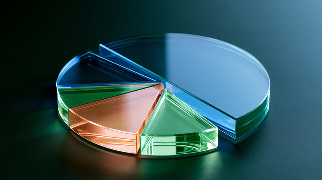 3D glass pie chart with glowing colorful segments on a dark reflective surface. Ai gen.