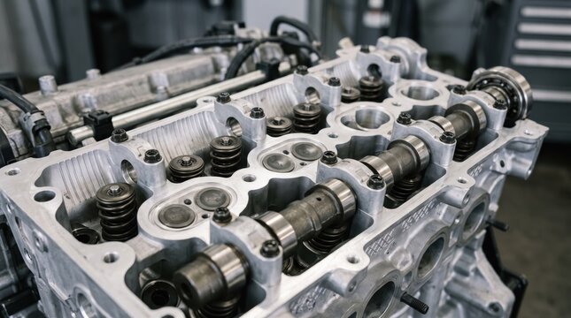 Detailed view of a disassembled car engine cylinder head showing camshafts, valves, and springs, representing automotive repair, mechanical engineering, vehicle maintenance