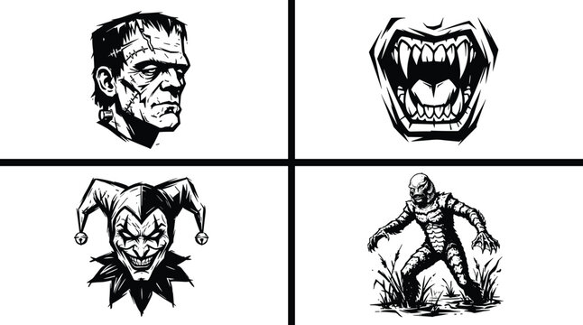 Vintage Black and White Halloween Monster Icon Set with Frankenstein Vampire Fangs Evil Jester and Swamp Creature Graphics