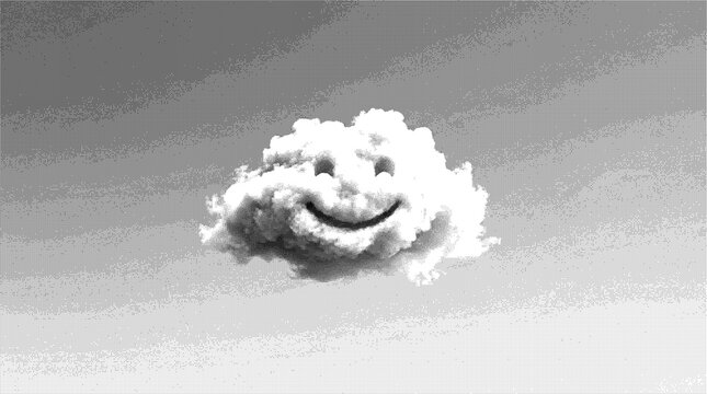A single puffy white cloud in the sky shaped like a friendly smiling face with dark eyes isolated on transparent background