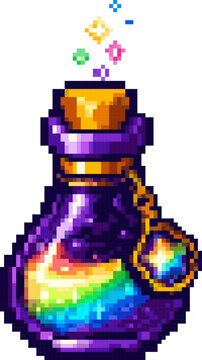 Dark curse bottle pixel art sprite: shadowy obsidian liquid with purple smoke and skull emblem for RPG inventory UI icon and fantasy game consumable pickup
