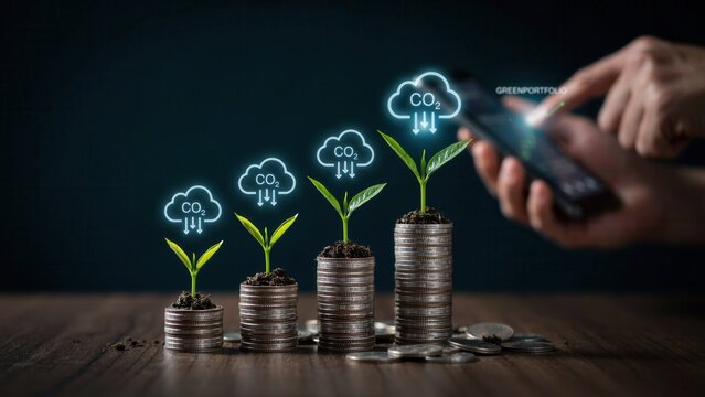 Green financial growth concept showing small plants growing on coin stacks with digital carbon reduction icons and a mobile device