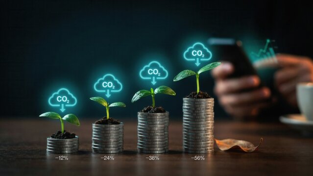 Small green plants growing on stacks of coins show carbon reduction icons representing corporate environmental responsibility and global sustainability goals