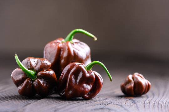 Chocolate habanero peppers on wooden surface with shallow depth view. Fresh chili pods natural texture rustic composition