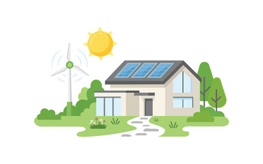 Fototapeta premium Eco friendly 2d illustration style eco house with solar panels, wind turbine, and green renewable energy concept flat vector illustration isolated on white background