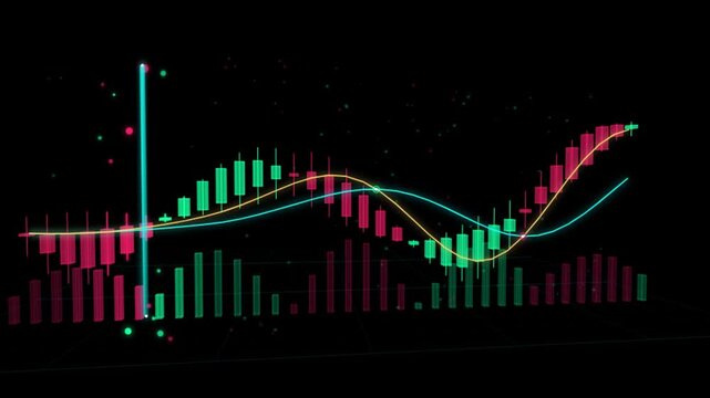 Dynamic financial stock market candlestick chart and moving average line on black.