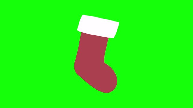 Christmas stocking sock ornamental. Xmas tree accessories icon sign, isolated on green screen. Vector cartoon animation. Holiday, illustration, party and celebration symbol. Decoration and ornaments