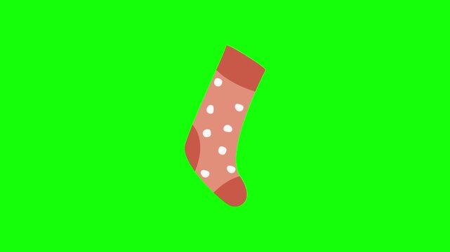 Christmas stocking sock ornamental. Xmas tree accessories icon sign, isolated on green screen. Vector cartoon animation. Holiday, illustration, party and celebration symbol. Decoration and ornaments