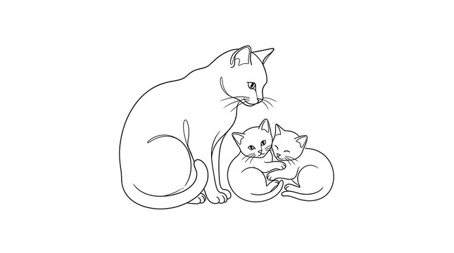 Mother cat sitting gracefully while watching over two playful kittens in a clean linear illustration style with coloring background whiskers