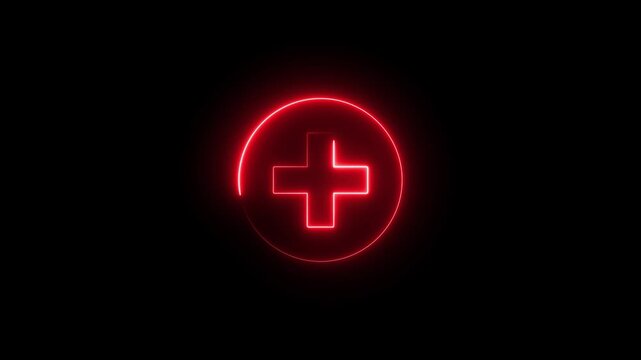 Neon plus sign icon animation glowing red color neon sign positive mathematic accountancy calculating icon sign symbol on black background	